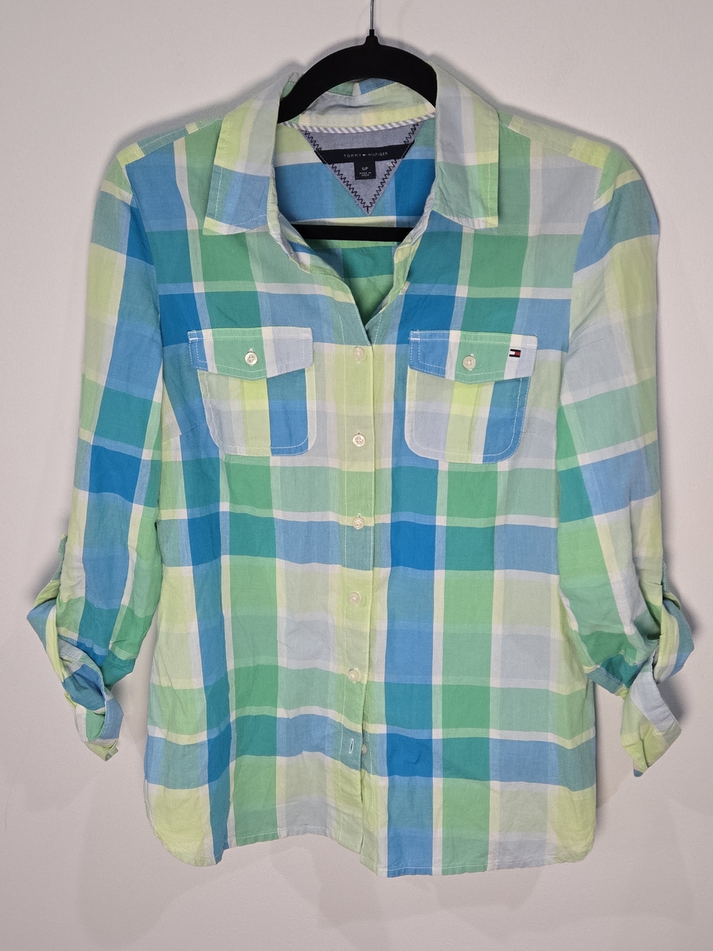 Tommy Hilfiger Sz S/P Plaid Button-Up Shirt in Blue & Green